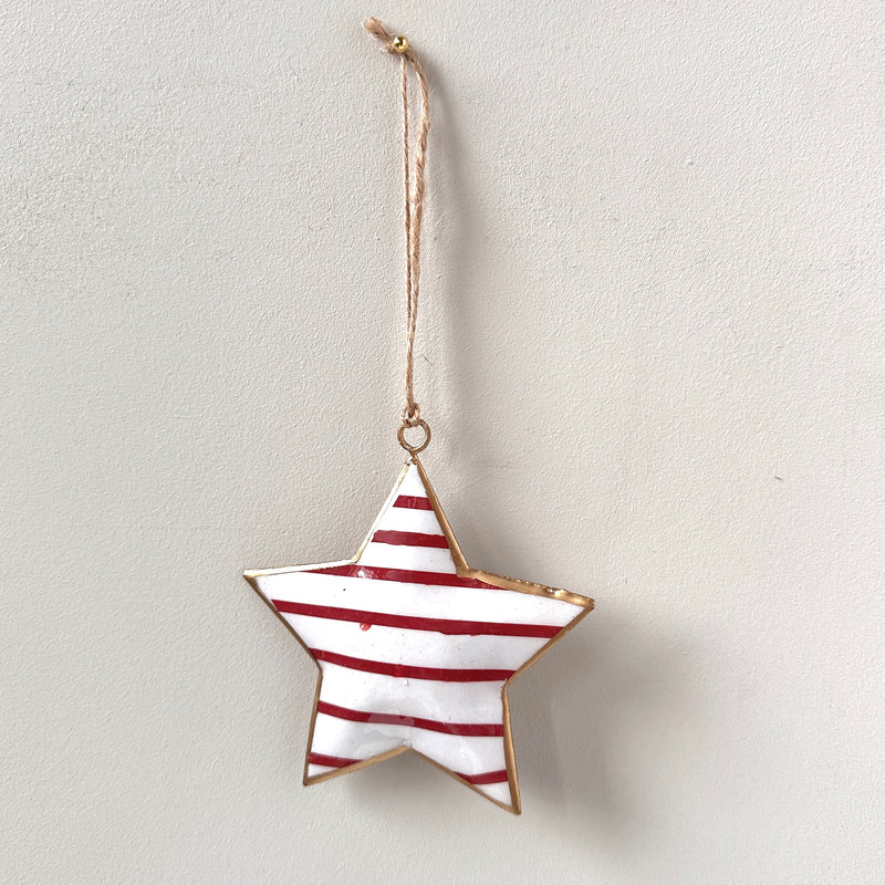 Recycled Metal Hanging Ornament  - Red Stripe Star