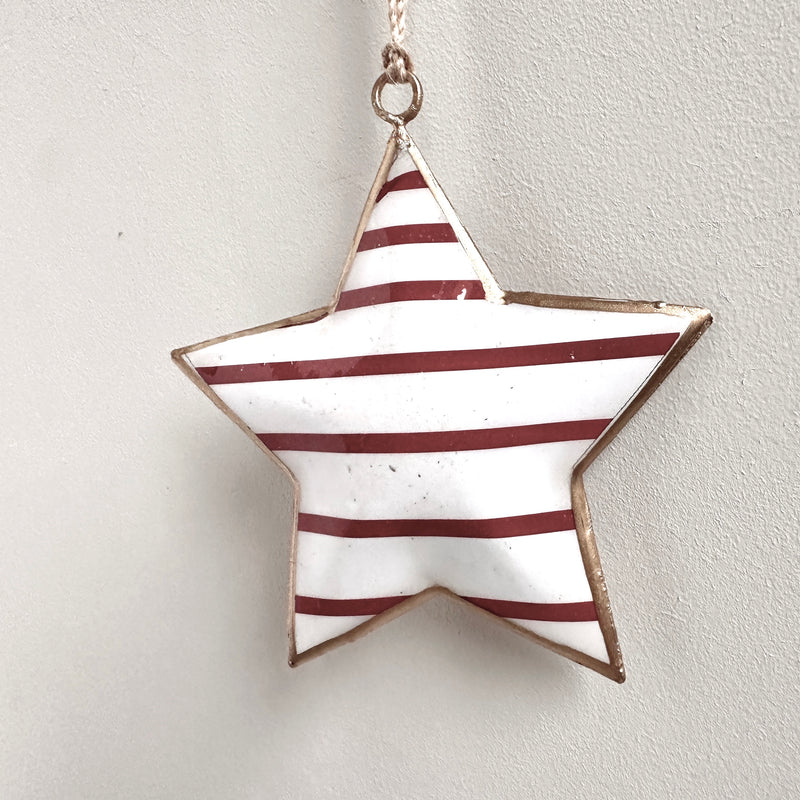 Recycled Metal Hanging Ornament  - Red Stripe Star