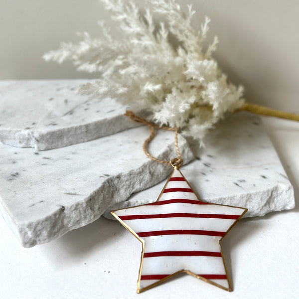 Recycled Metal Hanging Ornament  - Red Stripe Star