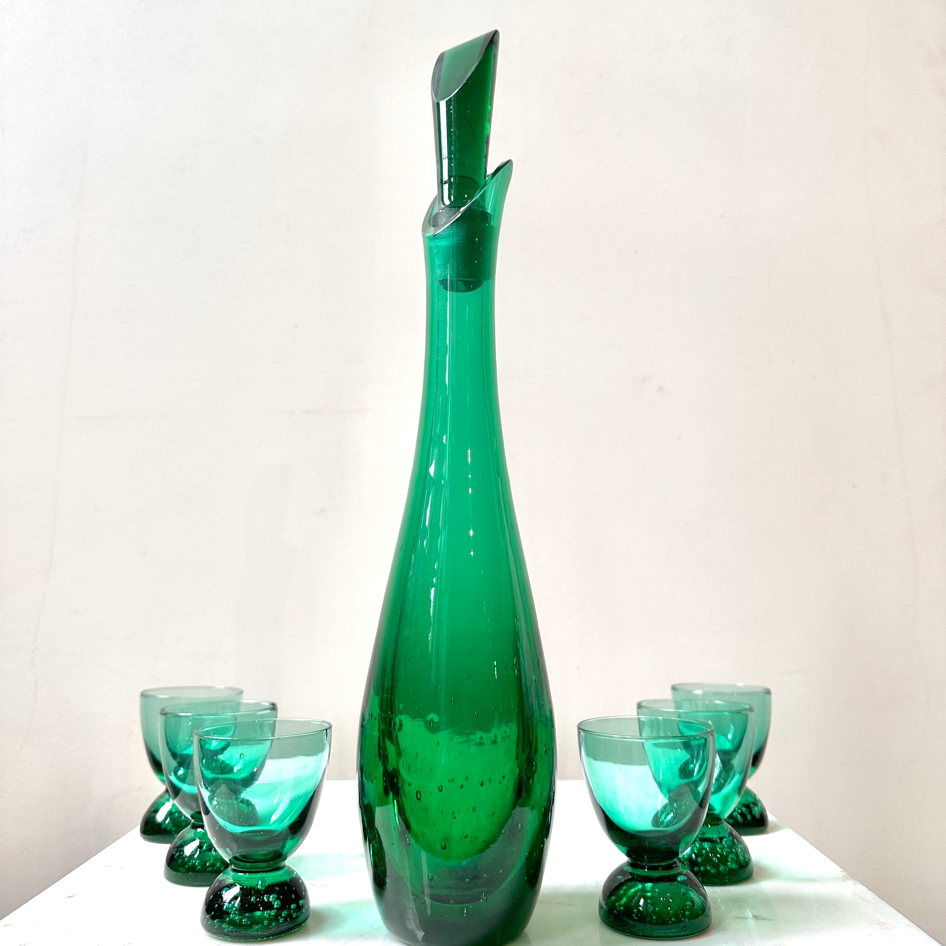 Vintage 1960s Murano Emerald Green Bullicante Glass Decanter